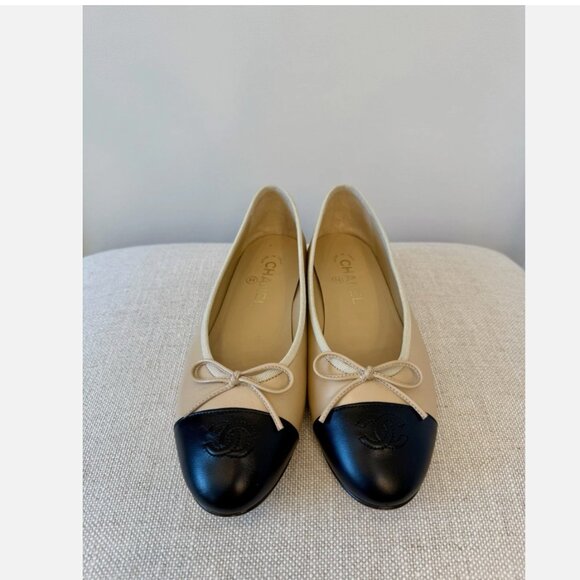 CHANEL Lambskin Beige/Black Classic Ballet Flats shoes Size 38.5 - Picture 6 of 17
